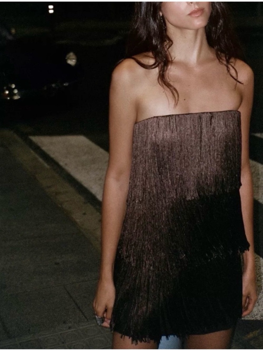 New with tags! Zara Strapless Fringe Mini Dress in Brown - Picture 2 of 6